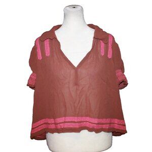 Anthropologie Sheer Brown & Pink Short FItted Sleeve Blouse Size Medium M
